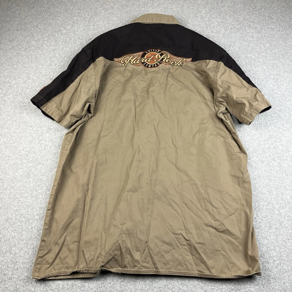 Hard Rock Cafe Mechanic Shirt Men XL Button Up Biker Guitar Co Shirt Tan Patches - Image 3 of 4