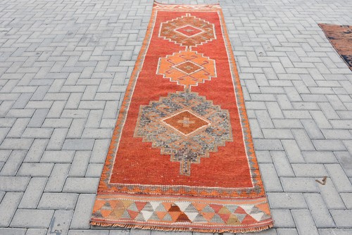 Turkish Vintage Herki Runner Rug 3x10,4 ft, Red Ombré Rug Wool