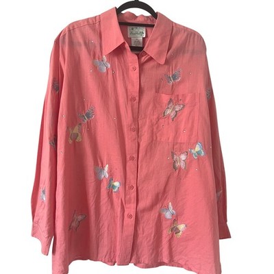 Quacker Factory Sz 1X Pink Butterfly Embroidered Linen Cotton Button Up Shirt
