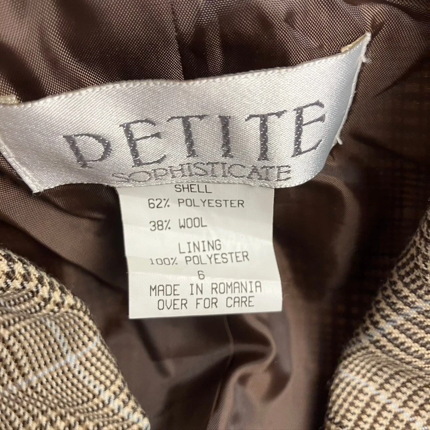 Blazer para mujer Petite Sophisticate mezcla de lana a cuadros doble pecho talla 6 marrón Foto 2 de 4
