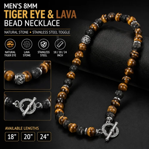Men's 8mm Natural Tiger Eye Lava Bead Necklace Stainless Steel Toggle 18/20/24" - product listing photo