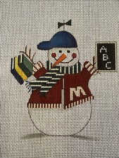 Vintage Hand Painted Needlepoint Canvas Snowman Going To School Books Chalkboard