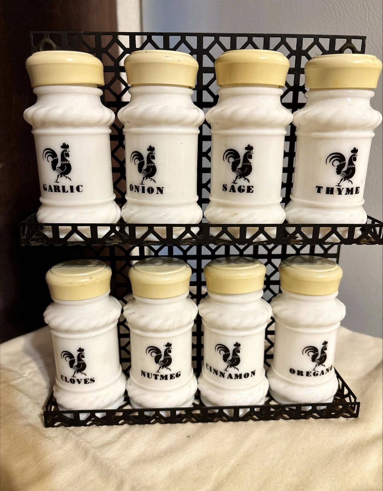 Vintage Milk Glass ROOSTER Design SPICE JARS w/Lids AND SPICE RACK