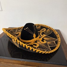 Pigalle Vintage Mexican Black  Gold Embroidered Sombrero Hat XXXXX