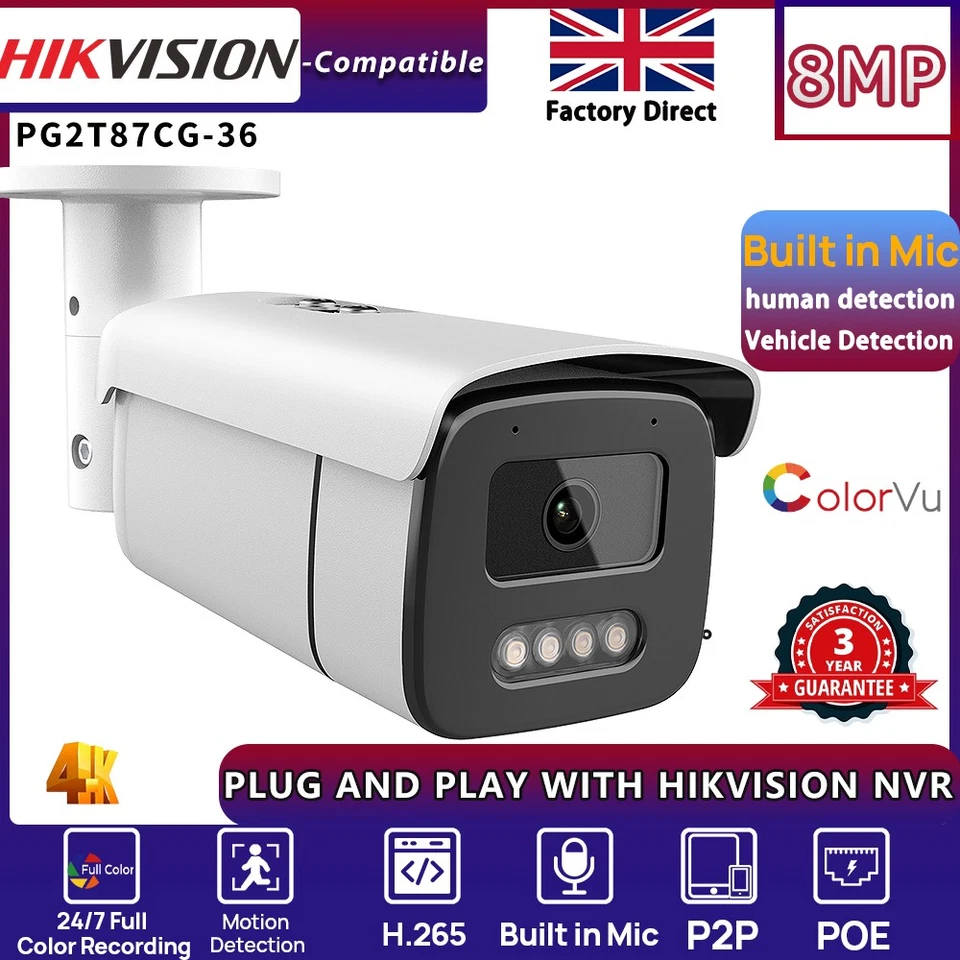 Hikvision Compatible CCTV Bullet POE Full Color Mic 4K 8MP IP Camera Security UK - Image 2 of 4