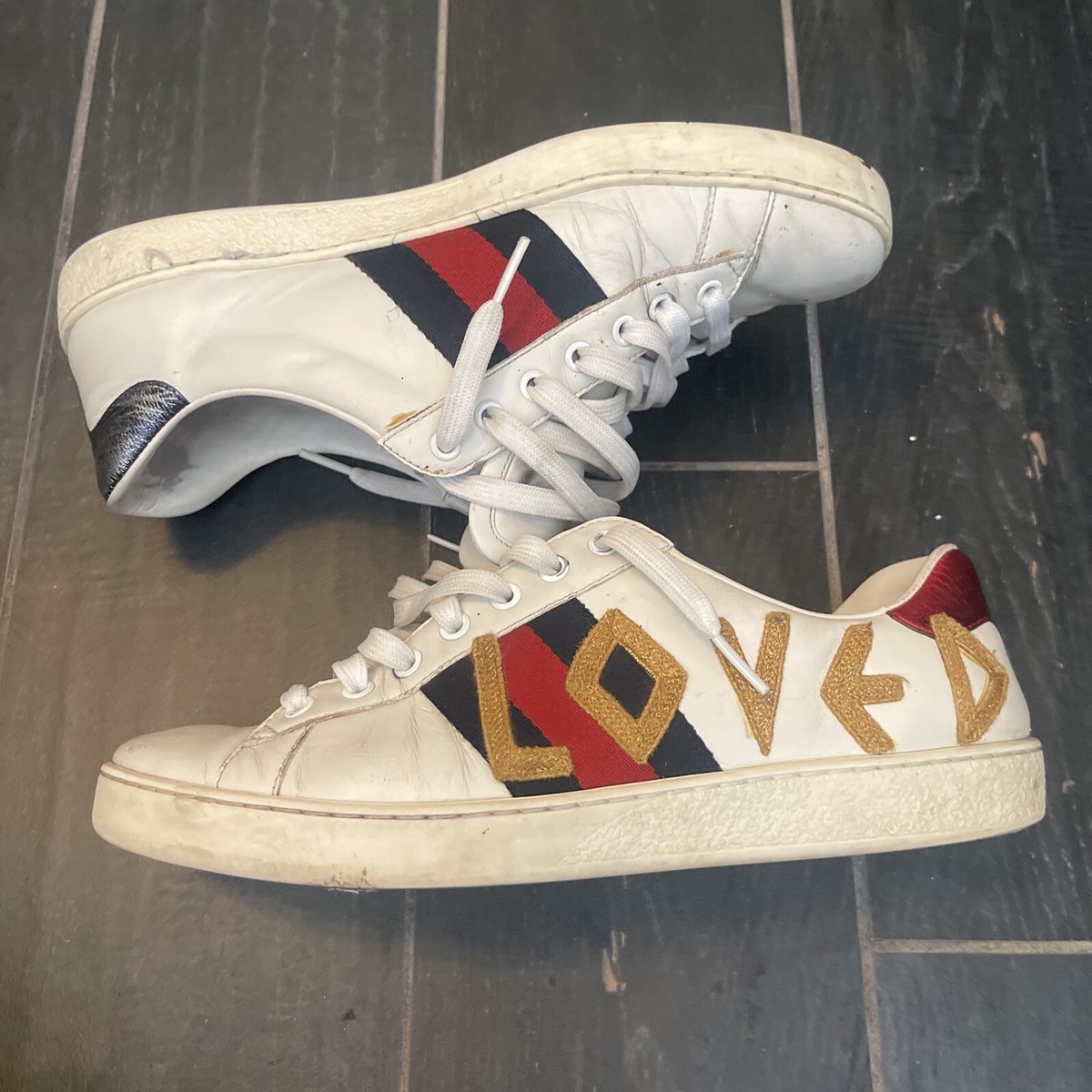 GUCCI White ACE Web LOVED Leather Low Top Sneaker Shoes Mens