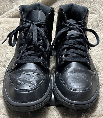 Nike Air Jordan 1 Mid Triple Black Leather Sneakers Shoes 554724