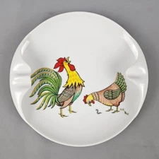 Rooster Chicken Porcelain Ashtray Plate Trinket Dish Ceramic Decor 8" Vtg 1960s