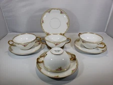 4 Old Abbey Limoges Double Handle Cream Soup Bouillon Bowls & Saucers 