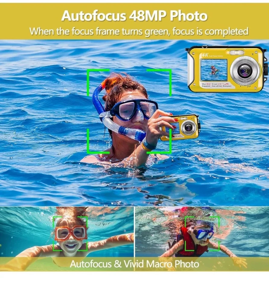 Подводная камера 4K 11 футов водонепроницаемая с картой 32 ГБ 48 МП автофокус двойной экран... - Изображение 4 из 4