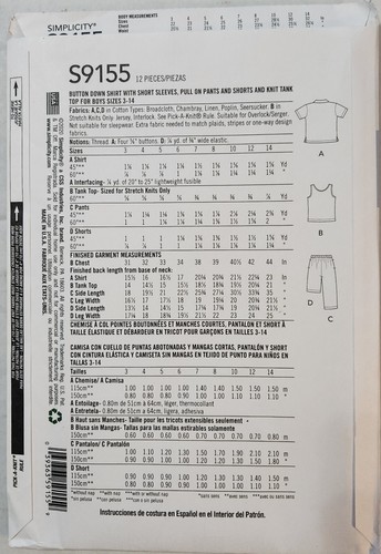 Simplicity S9155 Boys' Button-Down Shirt, Tee, Pants and Shorts ~ Size 7 - 14 - Picture 2 of 3