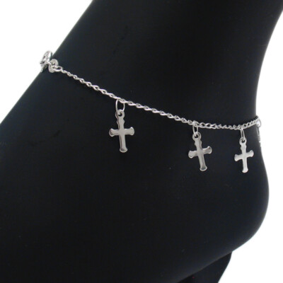 925 Sterling Silver 10'' Multi-Dangling Cross Link Ankle Bracelet Anklet