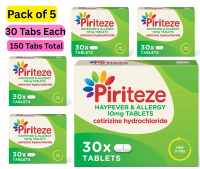 5 Pack Piriteze Allergy Relief Tablets -Hayfever Dust Allergies 150 Tablets