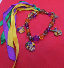 Mardi Gras Purple Yellow Gold  Green Charm Bracelet Stretch 275 