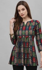 Women Tunic wear; Blue  Green Printed Empire A-line Pleated Tunic Kurti