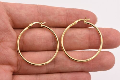 2mm X 35mm All Shiny Plain Hoop Earrings 14K Yellow Gold-Plated Silver 925 - Picture 4 of 5