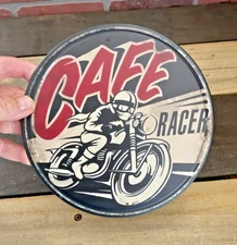 8" Circular :Cafe Racer" Tin Motorcycle Sign. Makes a Great Gift! FREE SHIPPING!