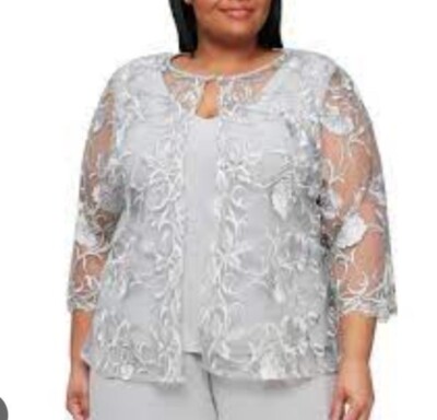 ALEX EVENINGS Women's Gray PLUS LACE LAYERED LOOK BLOUSE 2X