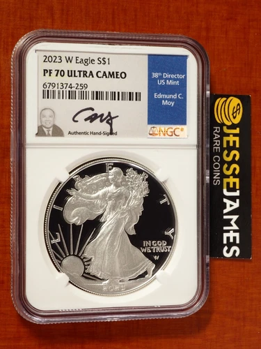 2023 W PROOF SILVER EAGLE NGC PF70 ULTRA CAMEO EDMUND MOY HAND SIGNED BLUE LABEL
