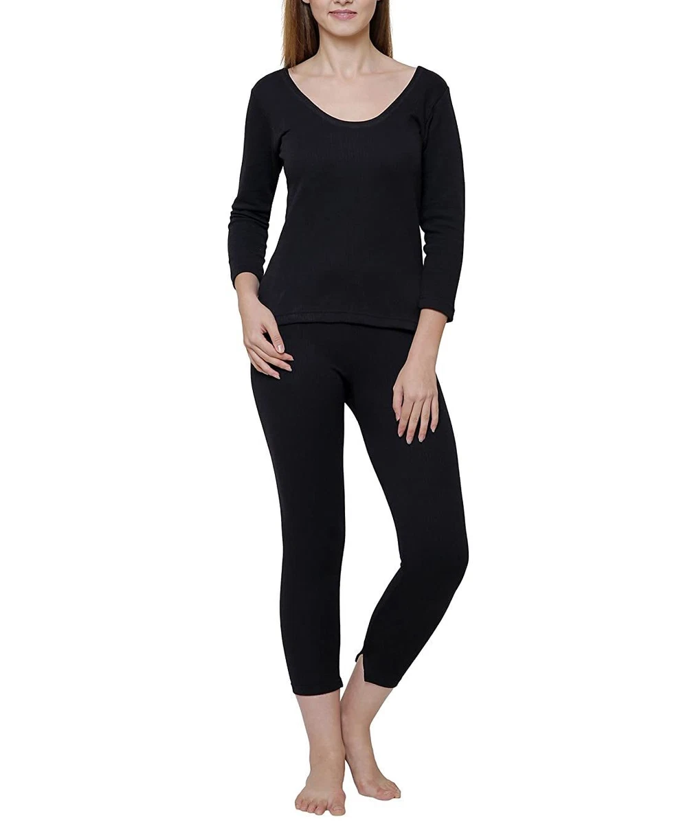 Women's Solid Thermal Top, Black Women Cotton Thermal Inner Wear for Winter