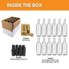 Clear Wine Bottles 750 Ml 12 Pack W/No.8 Natural Corks Matte Black Shrink Liquor