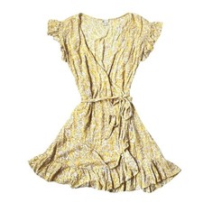Billabong Wrap & Roll Floral Garden Yellow Ruffle Wrap Tie Boho Mini Dress Small