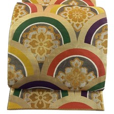 JAPANESE KIMONO BELT FUKURO OBI GOLD ROKUTSU-GARA PURE SILK DD8797