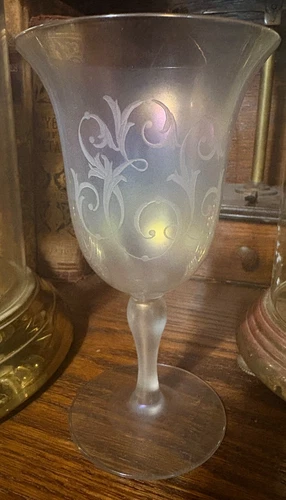 Original antique Steuben Verre De Soie Iridesent Goblet engraved Monogram 6 1/4