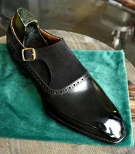 Handmade men black leather & suede monk strap shoes, Men's dress Formal shoes