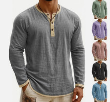 Herren Henley T-Shirt Hemdbluse Knopfleiste Langarmshirt Langarm Unterhemd Tops