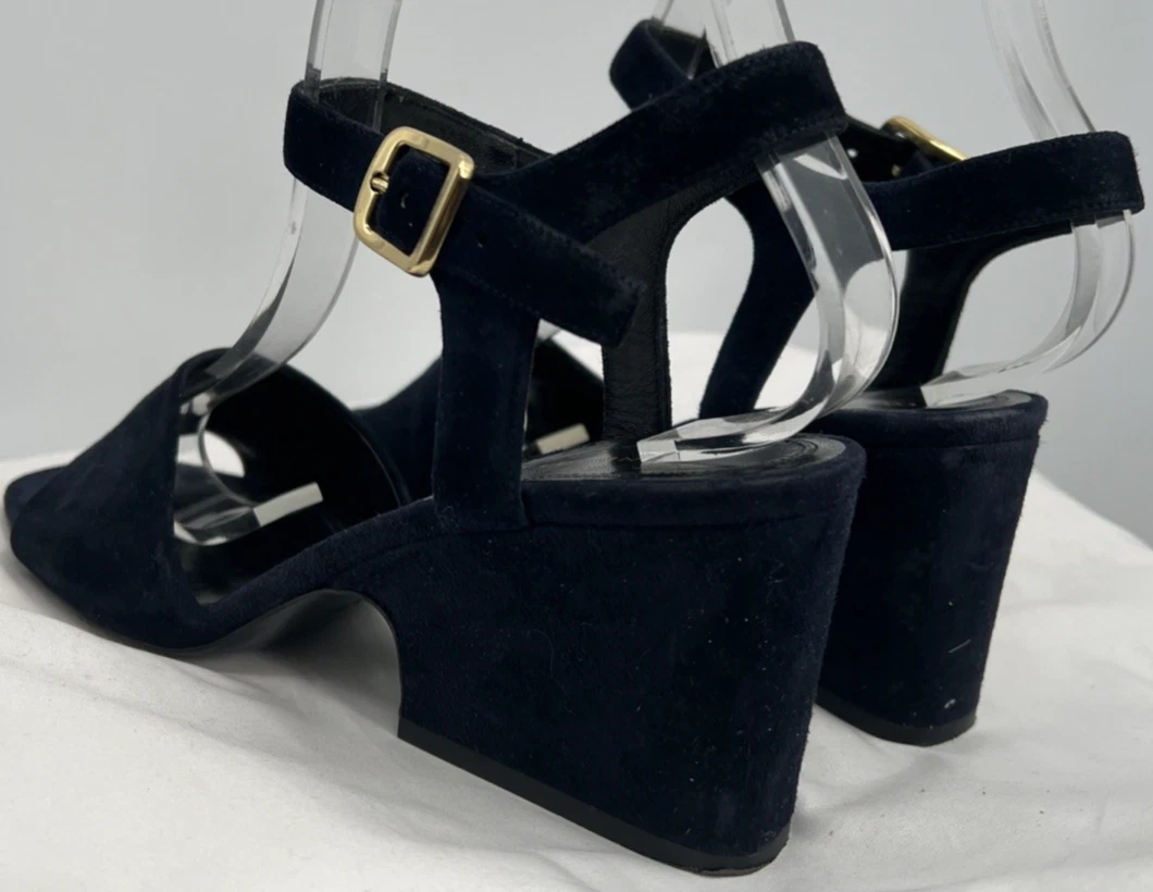 Sandali donna Celine blu navy scamosciati plateau tacco a blocco cinturino alla caviglia taglia 37