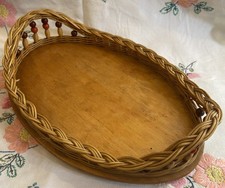 Vintage Oval Wicker Serving Tray Rustic Rattan Wooden Base 30cm