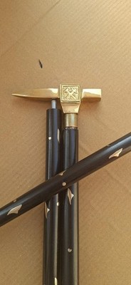 Vintage Solid Brass Axe Hammer Walking Cane, Indian Natural Wooden Shaft Gift