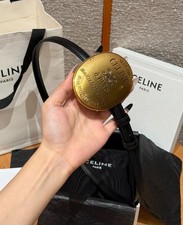 Celine Thin Plate Oval Gold Buckle 13mm Black Leather Belt Unisex 85/EU34