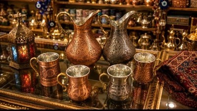 Elegant handcrafted copper set with engraved pitchers and cups, timeless charm.