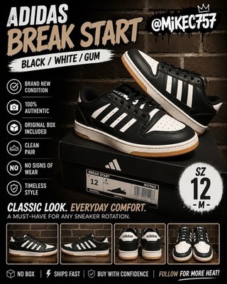 adidas Break Start sz 12M Men s Low Black/White/Gum IH7963