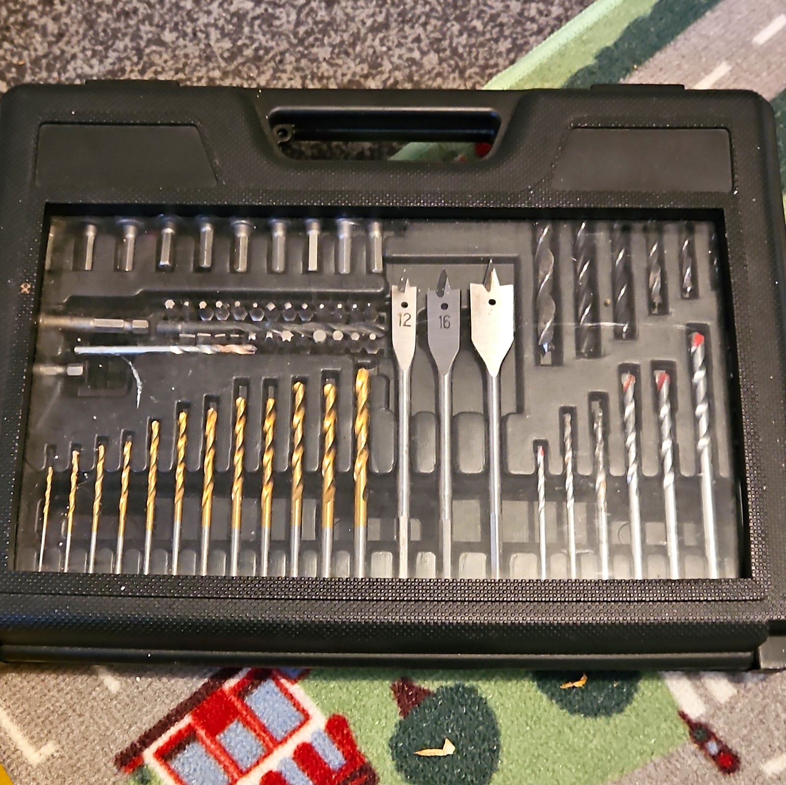 50pc Metal Drill Bit Set with Twist & Spade Bits in Plastic Carry Case