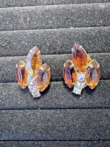 Vintage Juliana Brown Topaz color AB Crystal Rhinestone Clip On Earrings - Picture 2 of 7