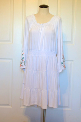 Cupio White Dress Womens XL Flare Sleeves w/ Embroidery Elastic Waist & Neck