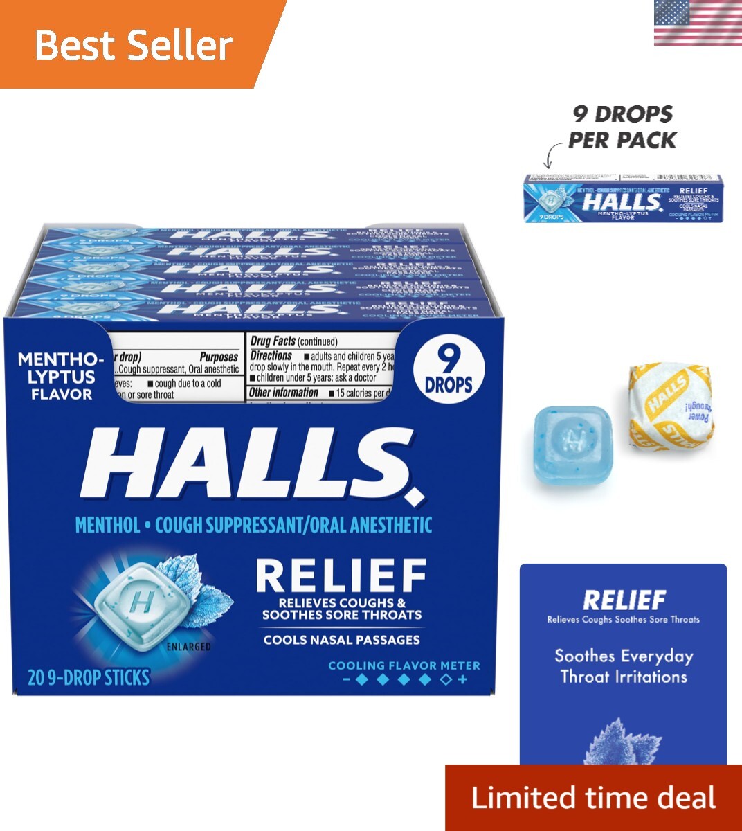 Convenient Relief Mentho-Lyptus Cough Drops with 6.4 mg Menthol – 180 Drops