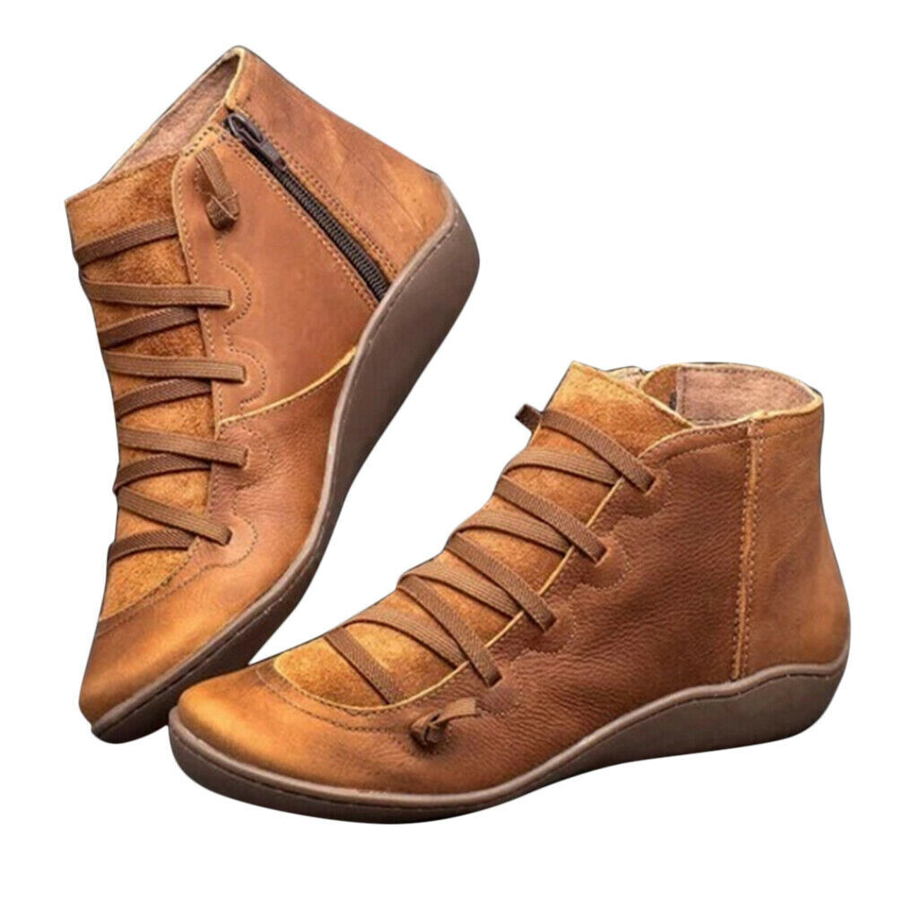 The New Women's Lace Up Ankle Boots Flat Heel Booties Casual Zip Shoes Plus Size