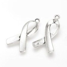 50 Cancer Awareness Ribbon Charms Antiqued Silver Large BULK Pendants Wholesale