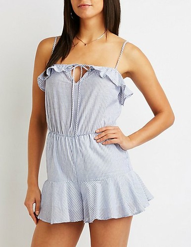 Womens CHARLOTTE RUSSE Blue White Striped Cotton Ruffled Romper Size Medium NEW - 第 1/12 張圖片