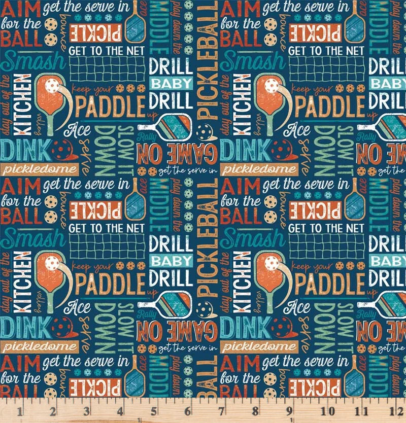 Pickleball Champ 4 Way Text Dark Blue Fabric PCHA 05266 DB By the Half Yard