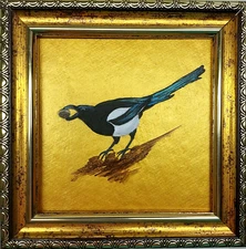Original Magpies Painting Black Bird artwork 4x4 small hand painting Framed