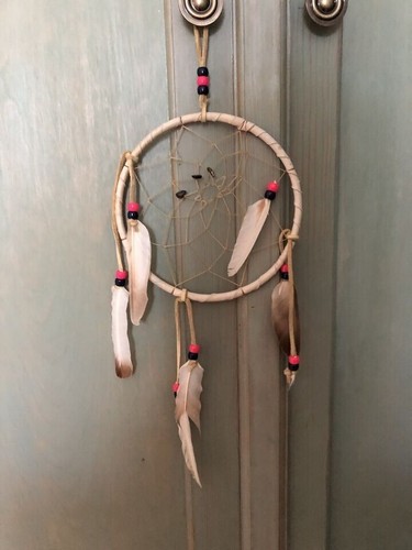 VTG Native American Navajo Indian Dreamcatcher Leather Sinew Beads Feather 6"