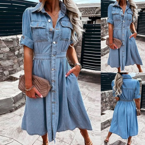 Damen Denim Shirt Kleid Langarm Knopfleiste Freizeit Midi Kleider - Bild 1 von 5