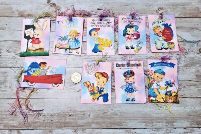 9~Easter~Retro~Vintage~Kids~Eggs~Linen Cardstock~Gift~Hang~Tags