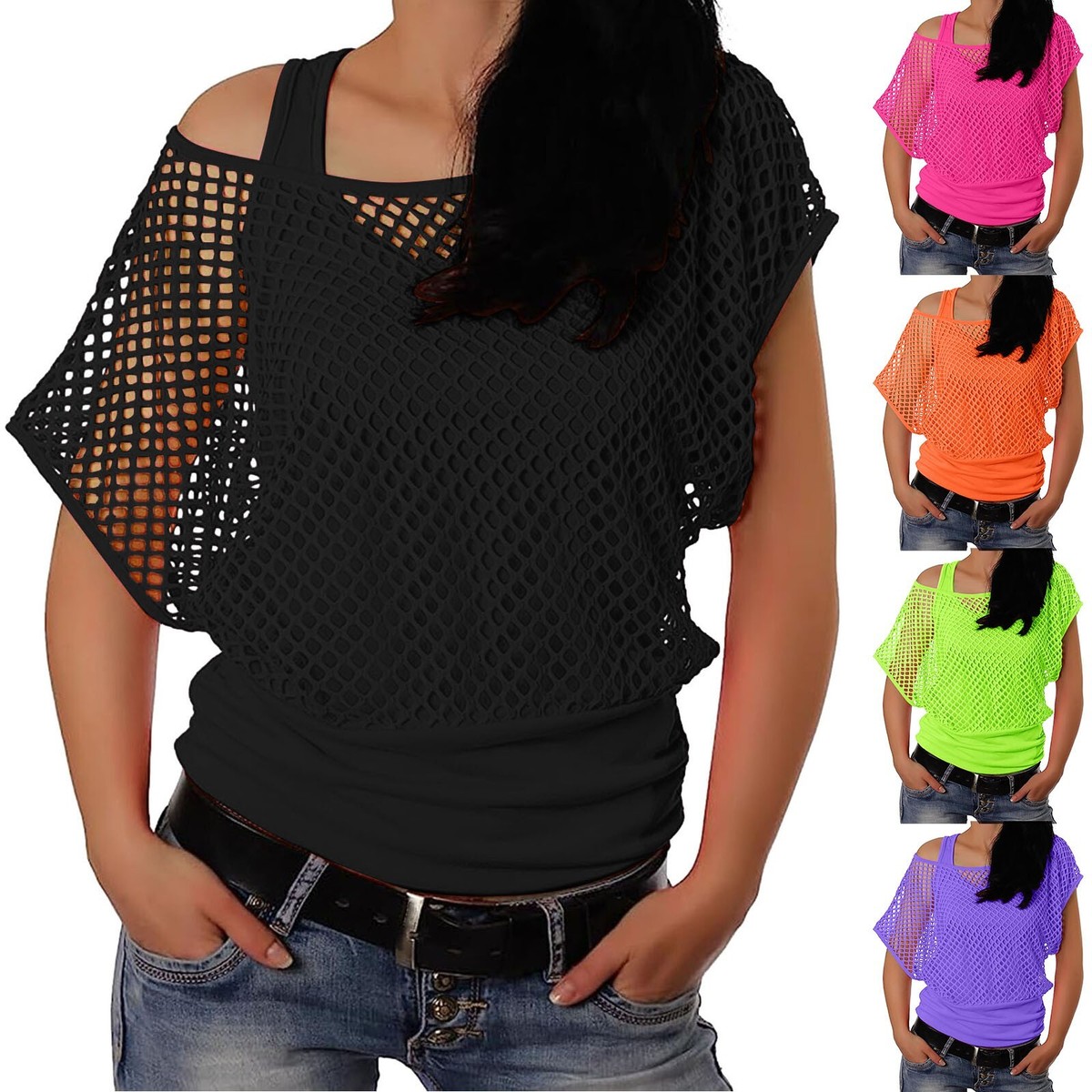 Women 80s T Shirts Neon Fishnet Mesh Top Off Shoulder Tops For Women