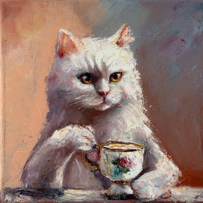 White Cat original oil painting, Cat portrait, Whimsical art, Cat lovers gift